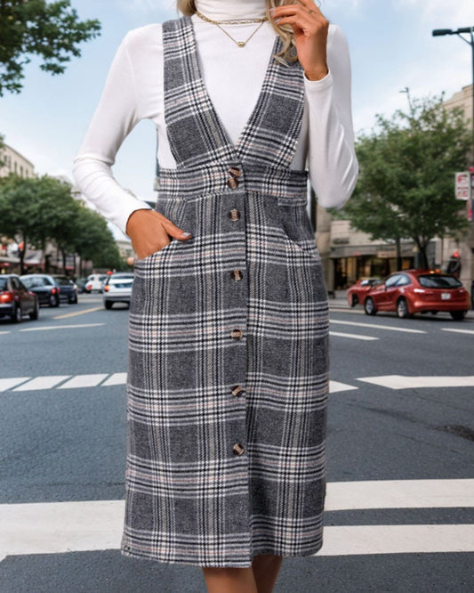 Pocketed Plaid Overall Dress - Deb Shops