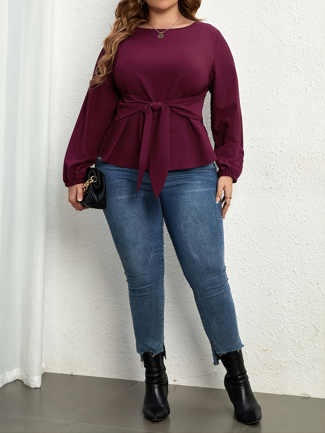 Plus Size Tie Front Long Sleeve Blouse - Deb Shops