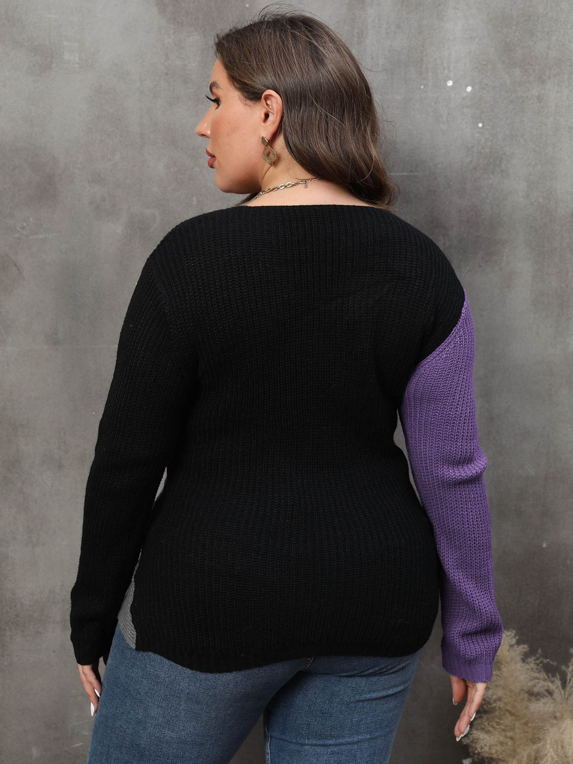 Plus Size Two-Tone Surplice Neck Sweater - Deb Shops