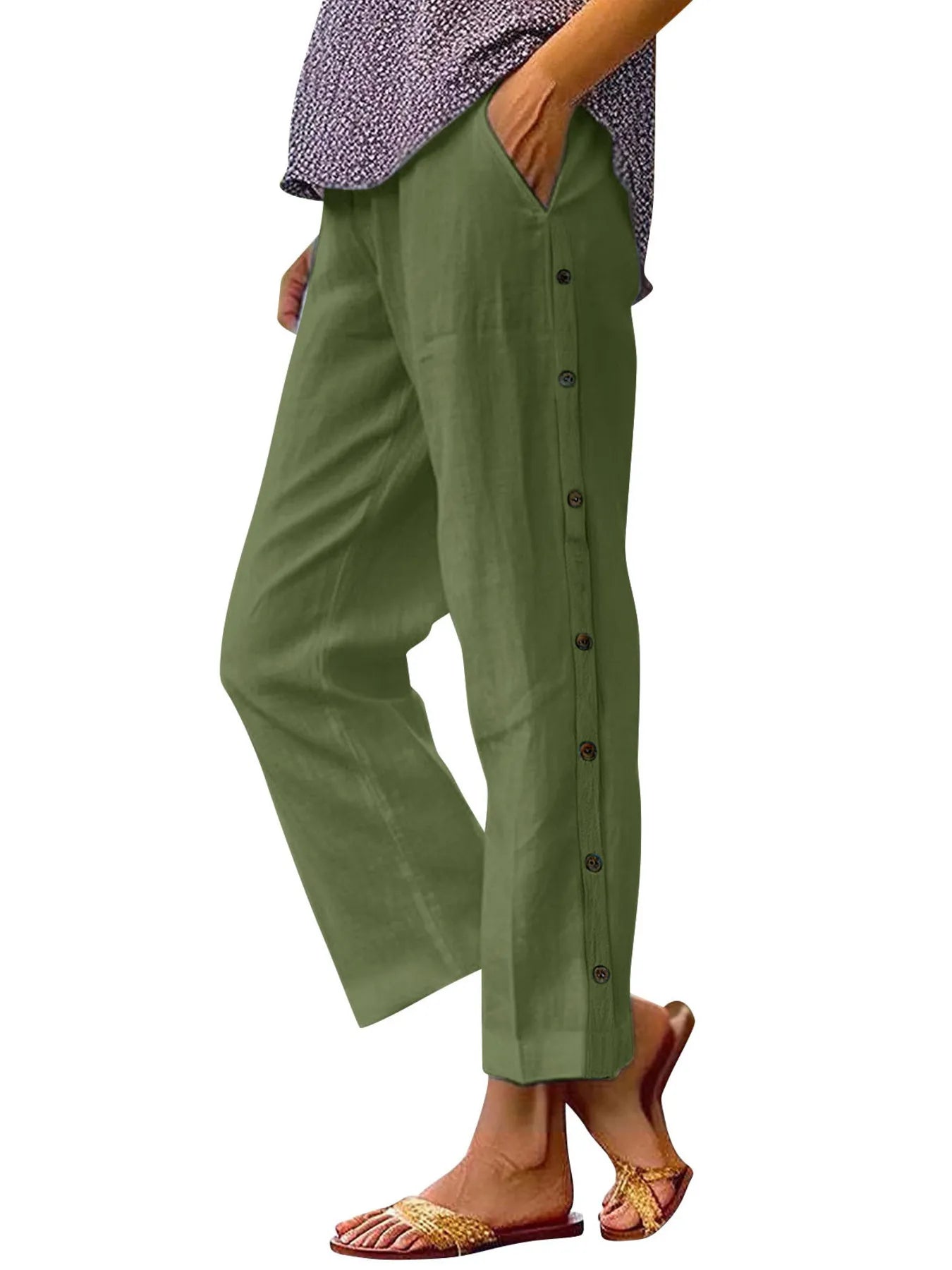 Full Size Side Decor Button Casual Wide Leg Pants | Deb Shops-01
