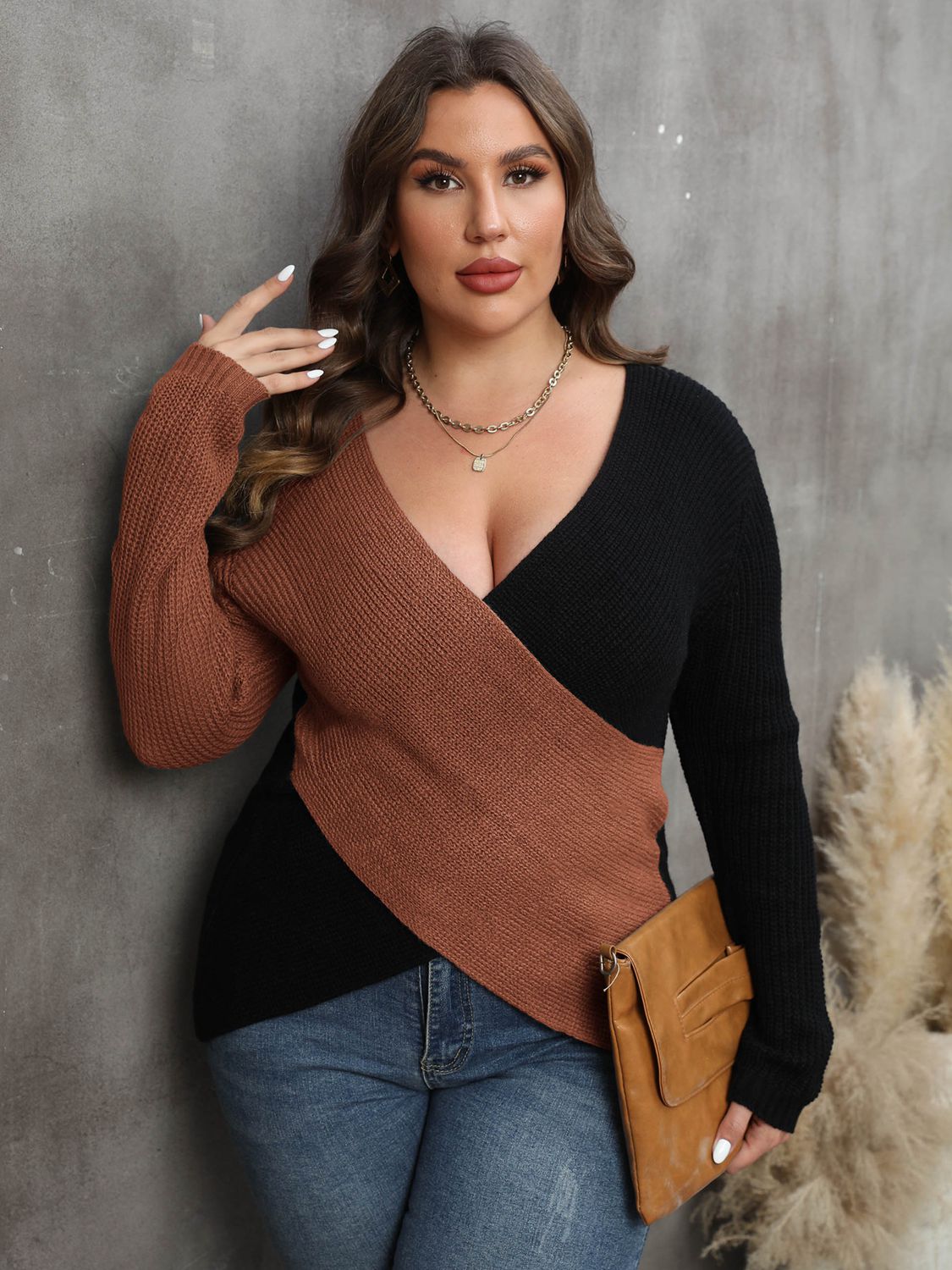 Plus Size Two-Tone Surplice Neck Sweater - Deb Shops