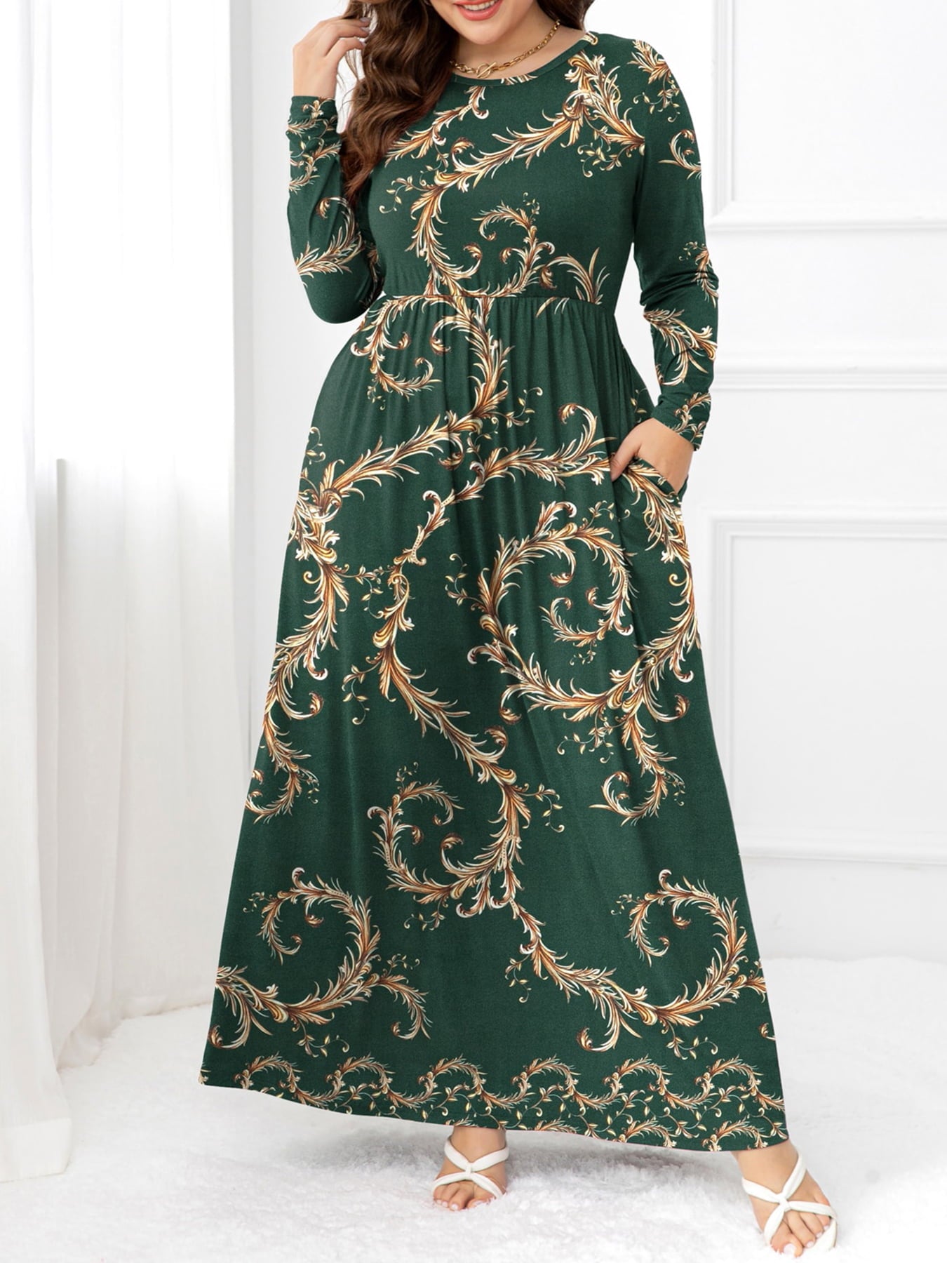 Plus Size Round Neck Maxi Dress with Pockets - Deb Shops