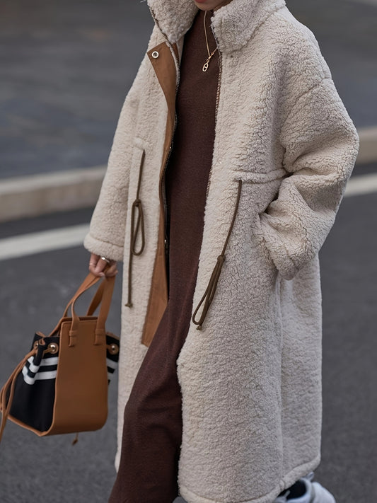 Plus Size Drawstring Zip Up Turtleneck Sherpa Coat - Deb Shops