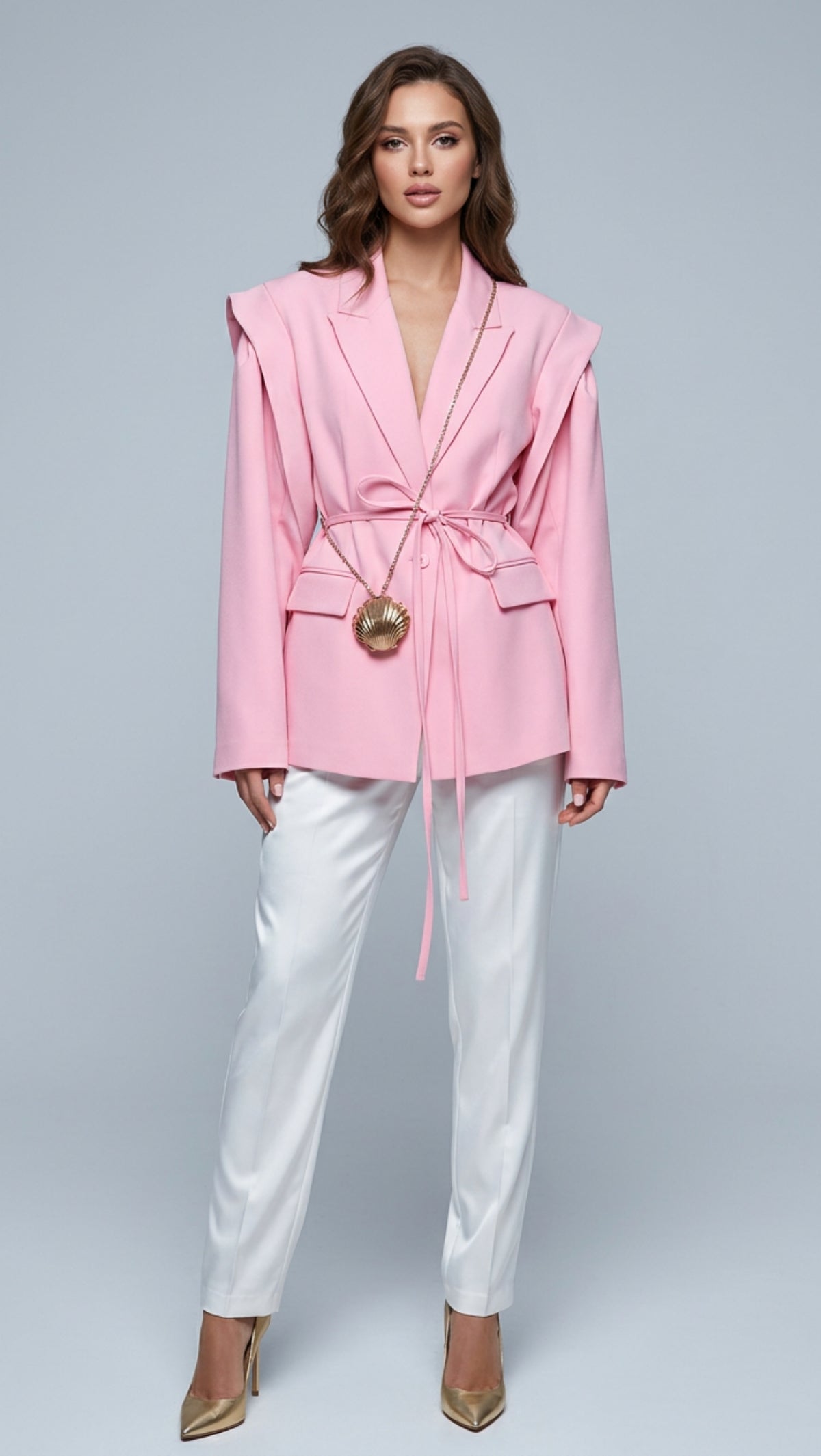 Belted Lapel Collar Long Sleeve Blazer