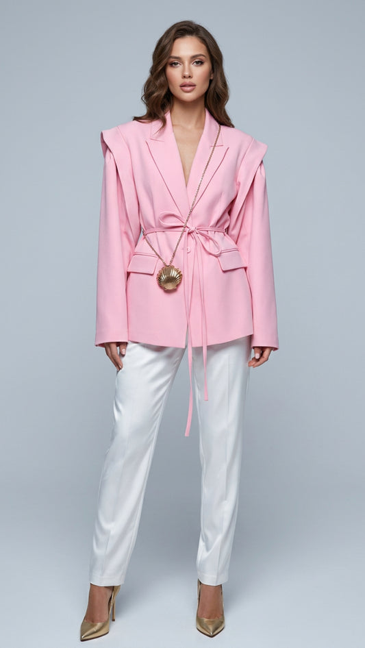 Belted Lapel Collar Long Sleeve Blazer