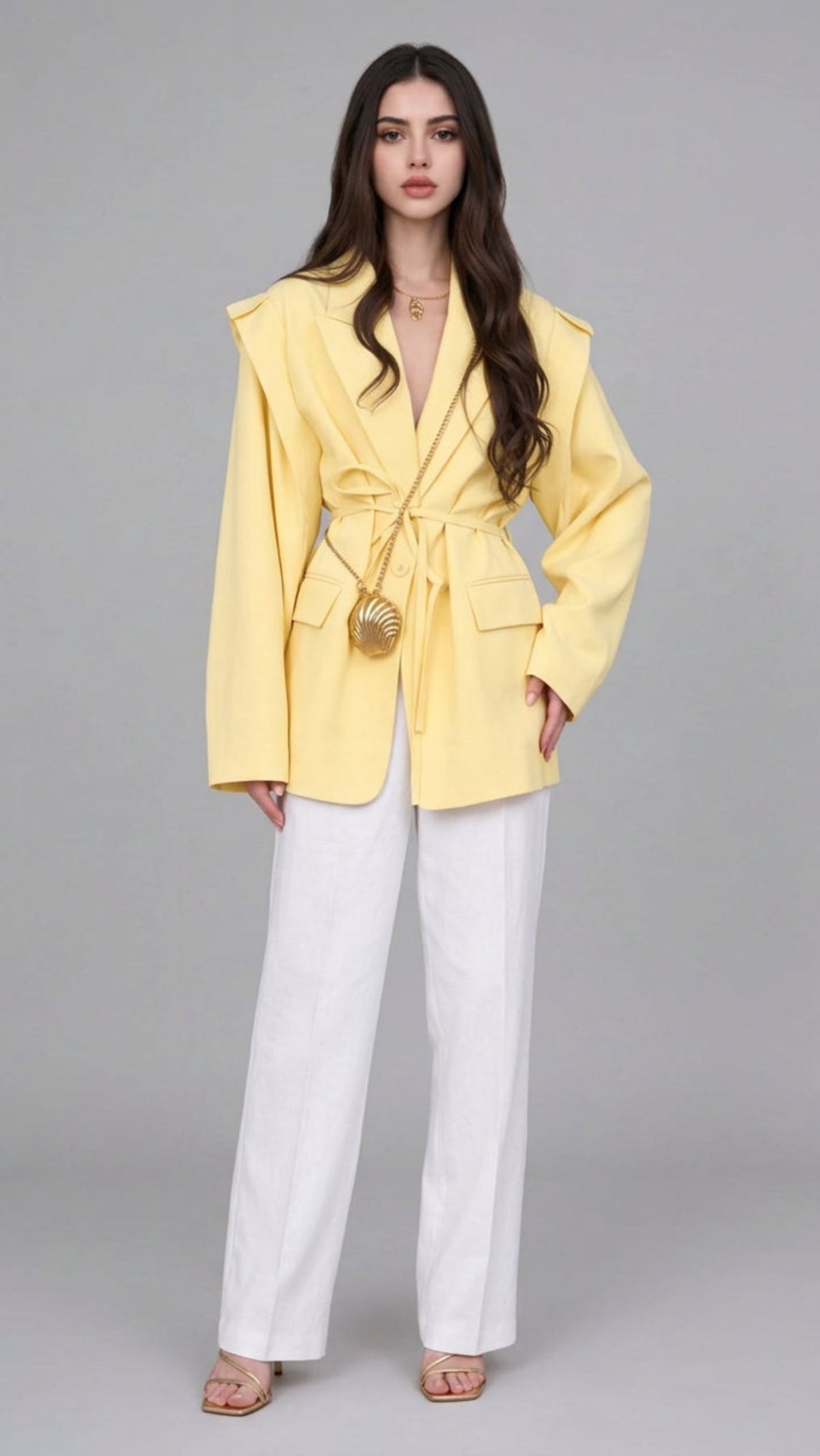 Belted Lapel Collar Long Sleeve Blazer