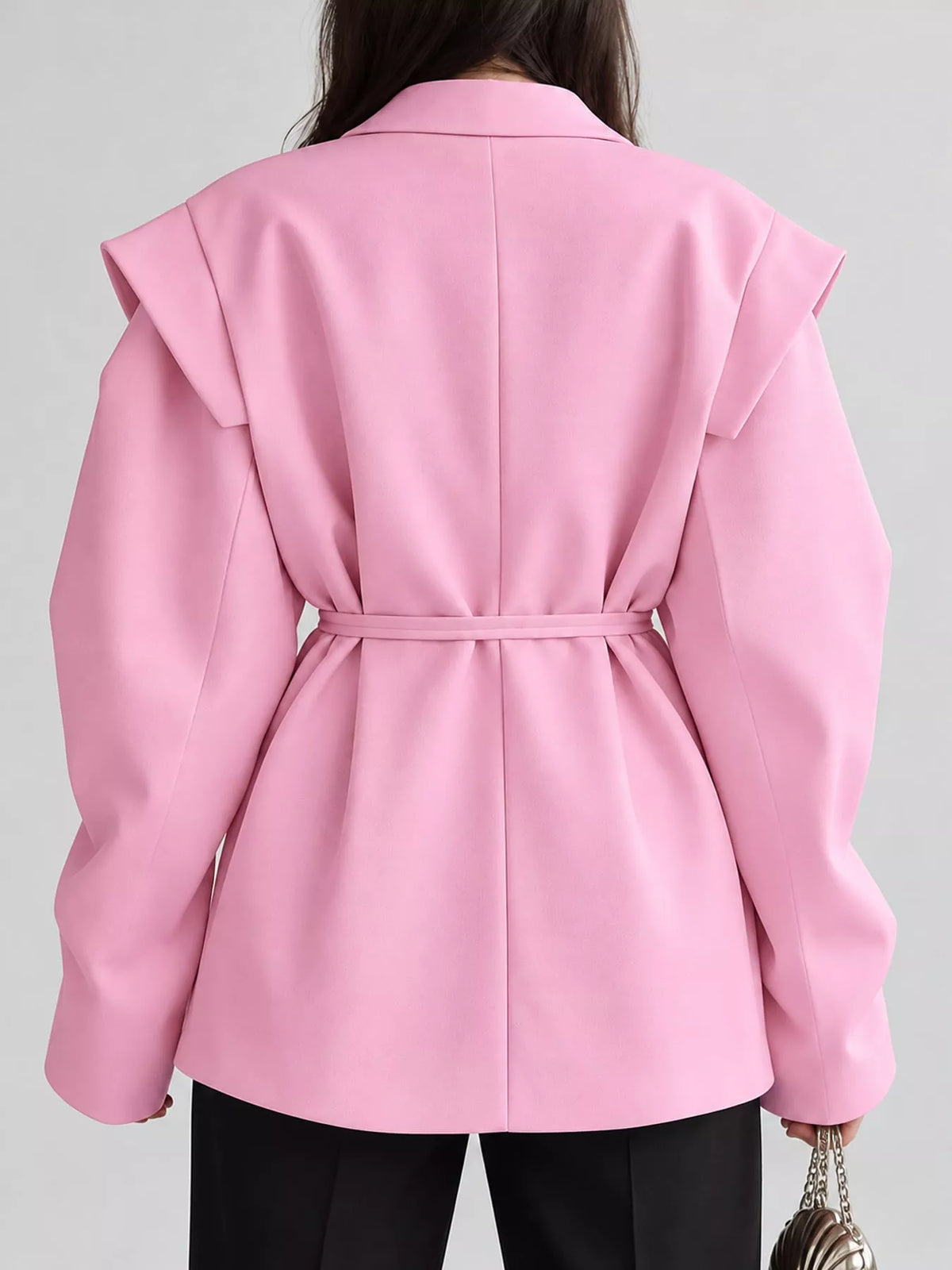 Belted Lapel Collar Long Sleeve Blazer