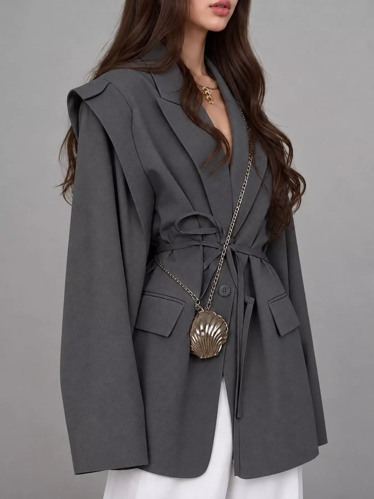 Belted Lapel Collar Long Sleeve Blazer