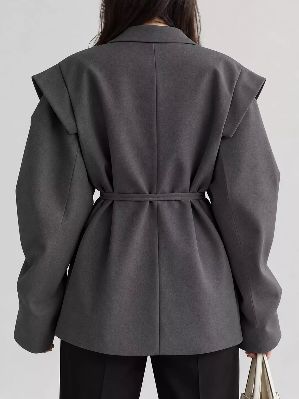 Belted Lapel Collar Long Sleeve Blazer