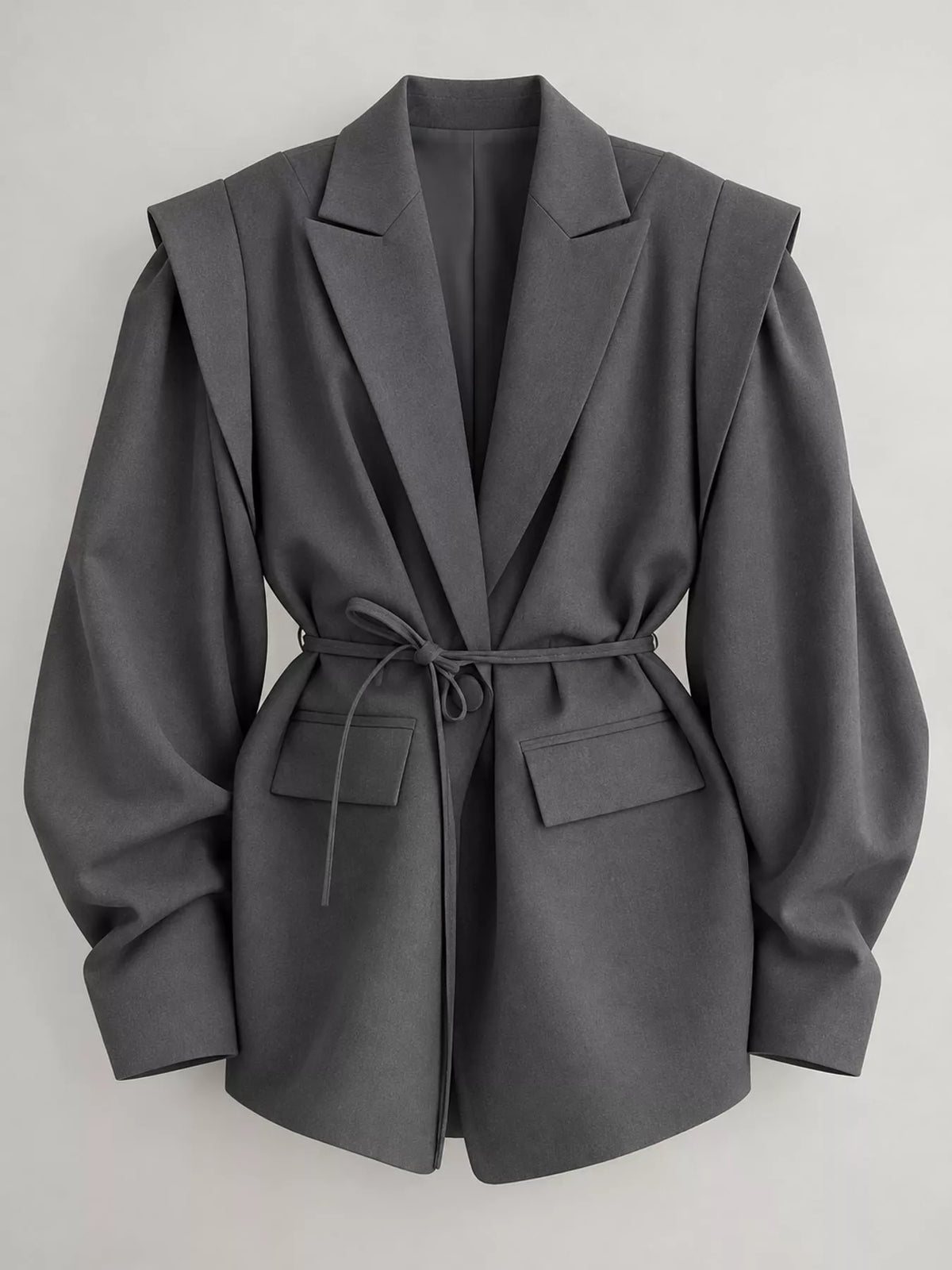 Belted Lapel Collar Long Sleeve Blazer