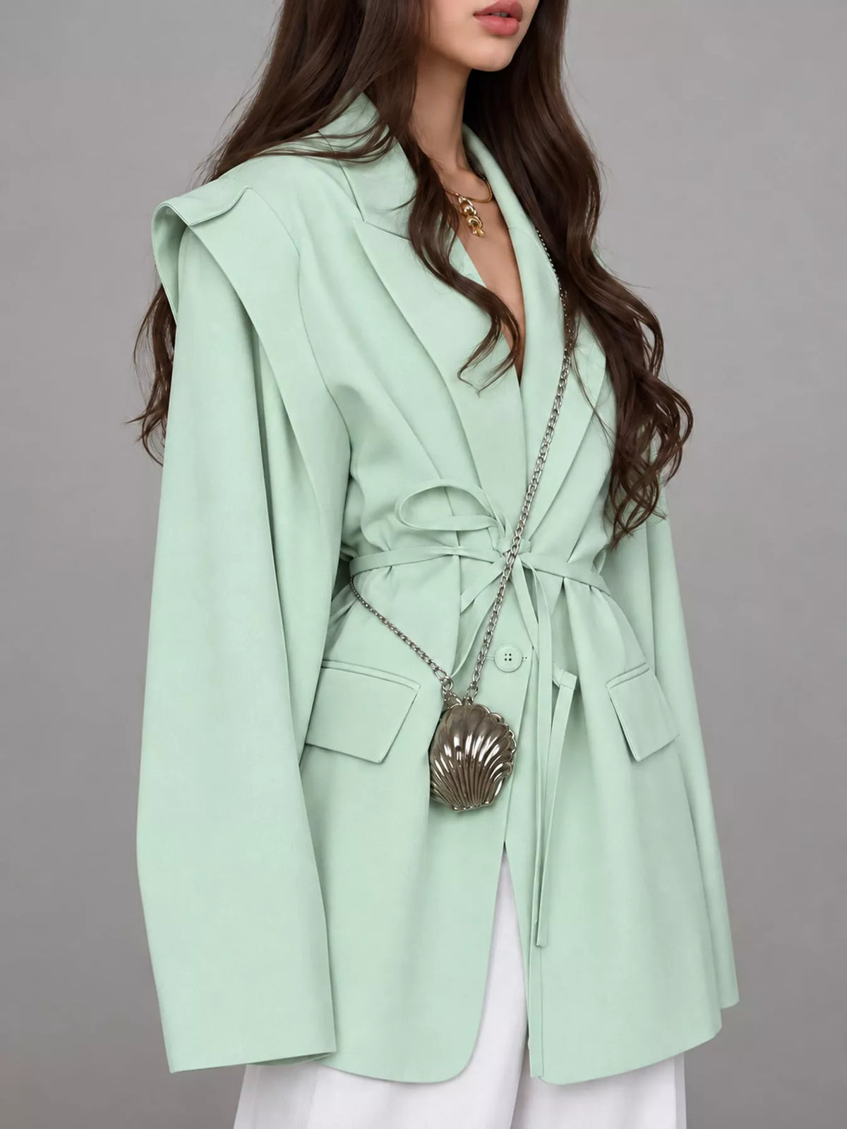 Belted Lapel Collar Long Sleeve Blazer