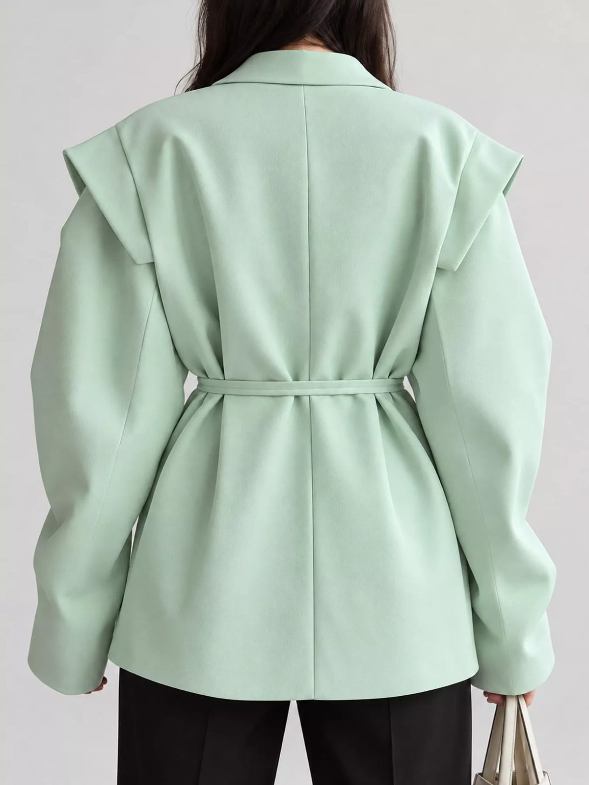 Belted Lapel Collar Long Sleeve Blazer
