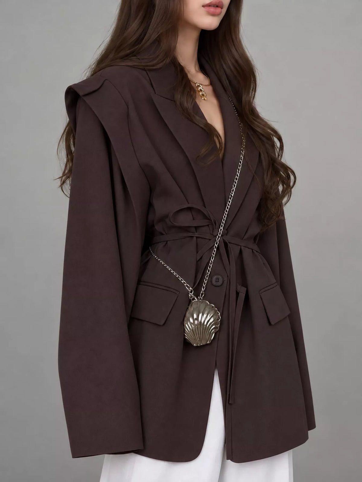 Belted Lapel Collar Long Sleeve Blazer