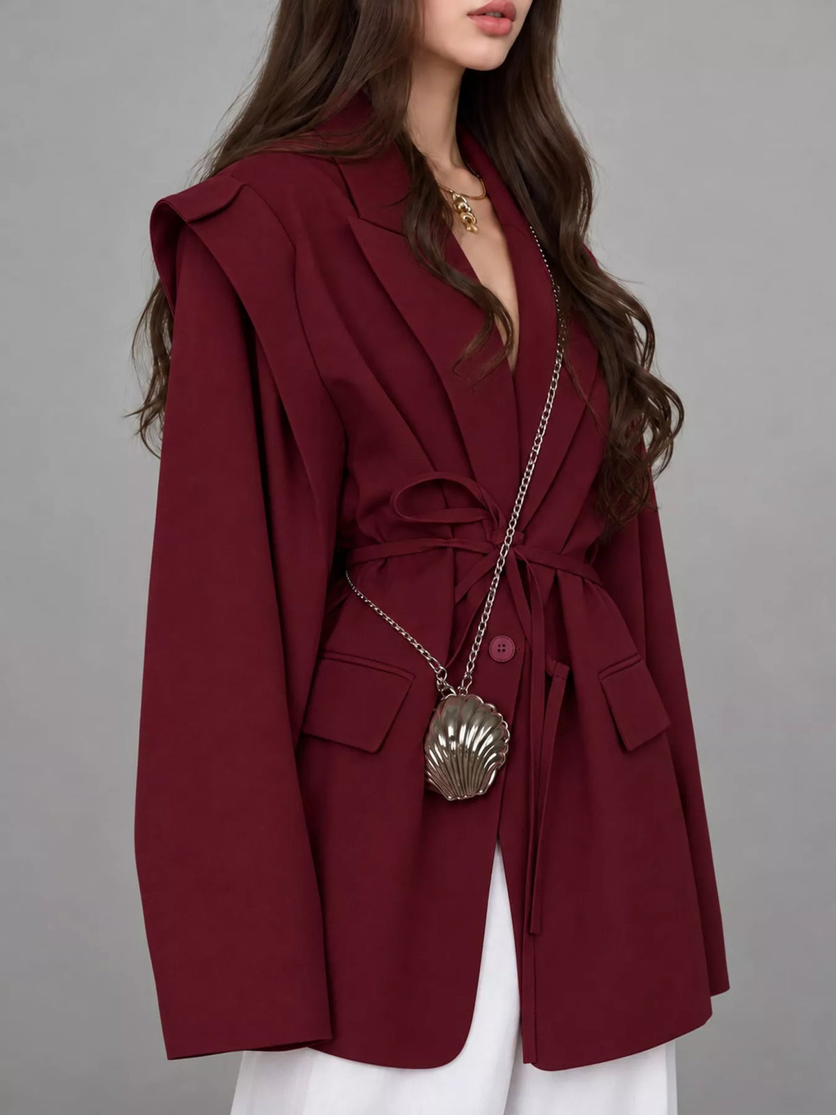 Belted Lapel Collar Long Sleeve Blazer