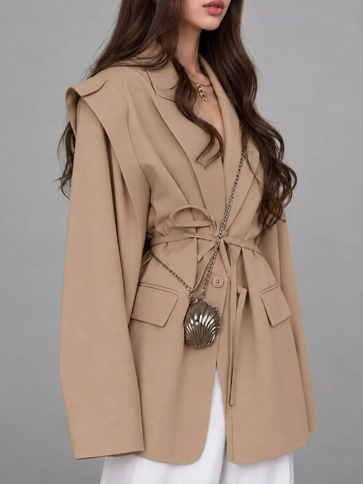Belted Lapel Collar Long Sleeve Blazer
