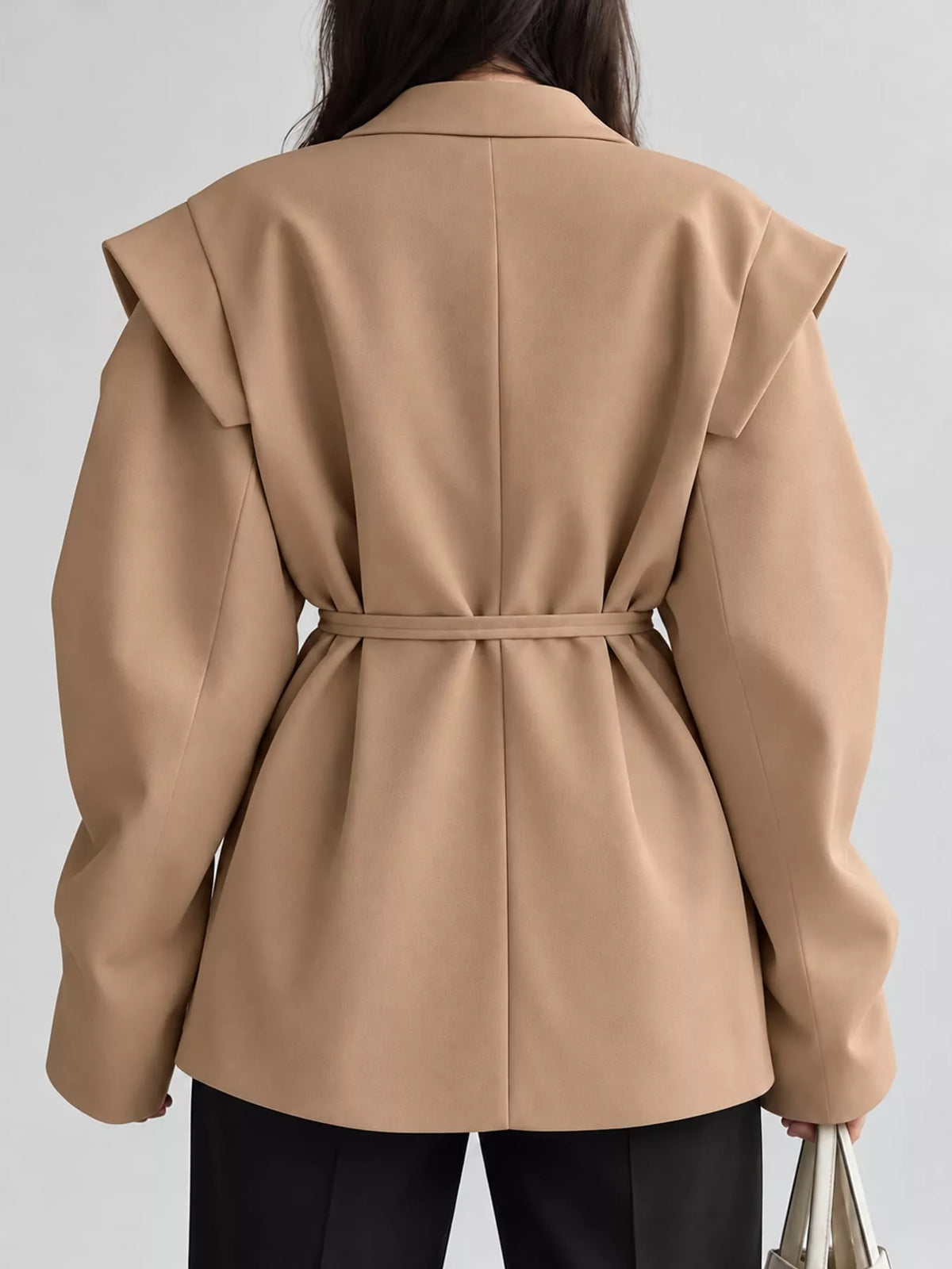 Belted Lapel Collar Long Sleeve Blazer
