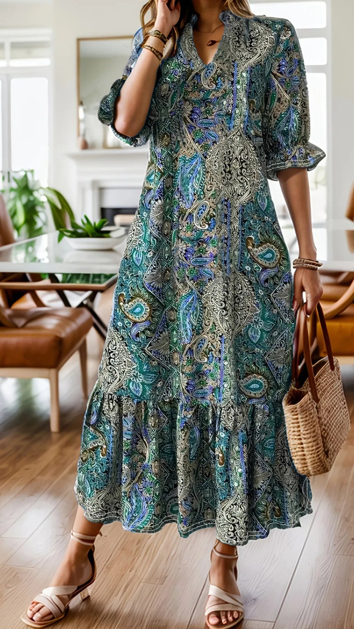 Bohemian Paisley Print Ruffle Hem Midi Dress