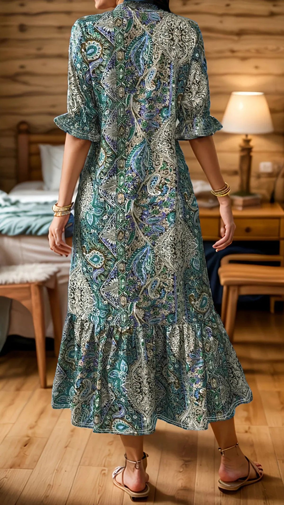 Bohemian Paisley Print Ruffle Hem Midi Dress