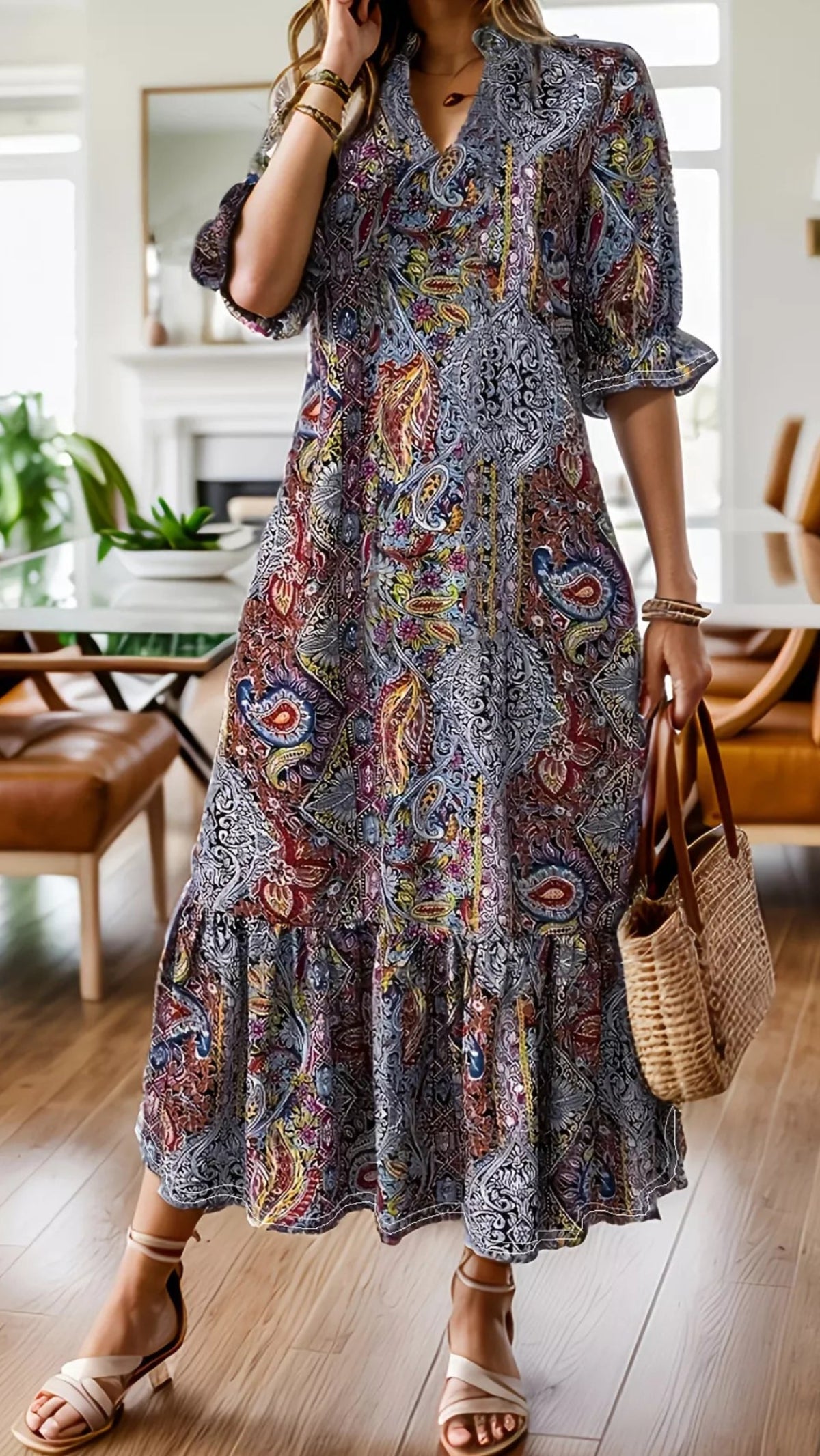 Bohemian Paisley Print Ruffle Hem Midi Dress