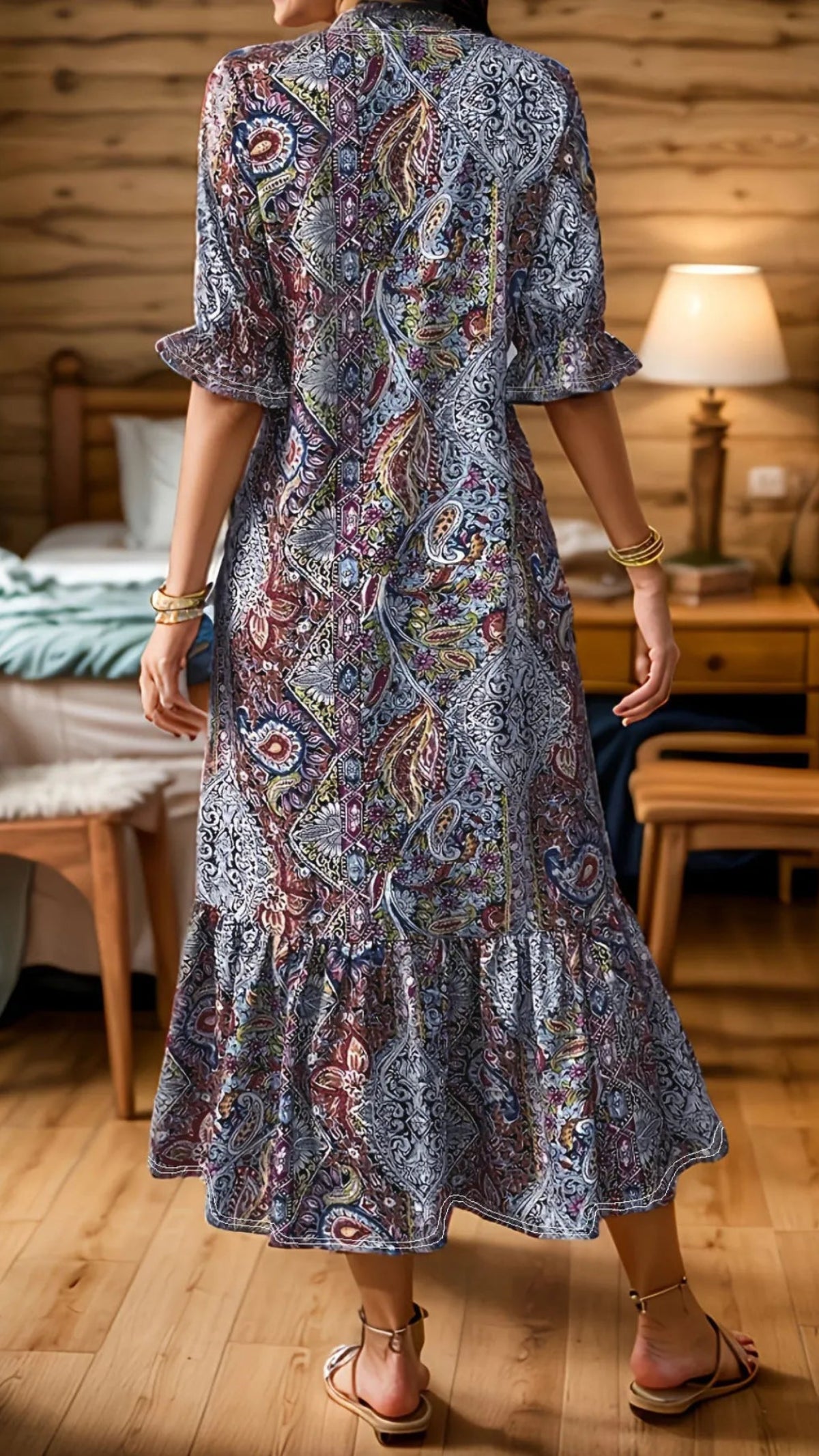 Bohemian Paisley Print Ruffle Hem Midi Dress