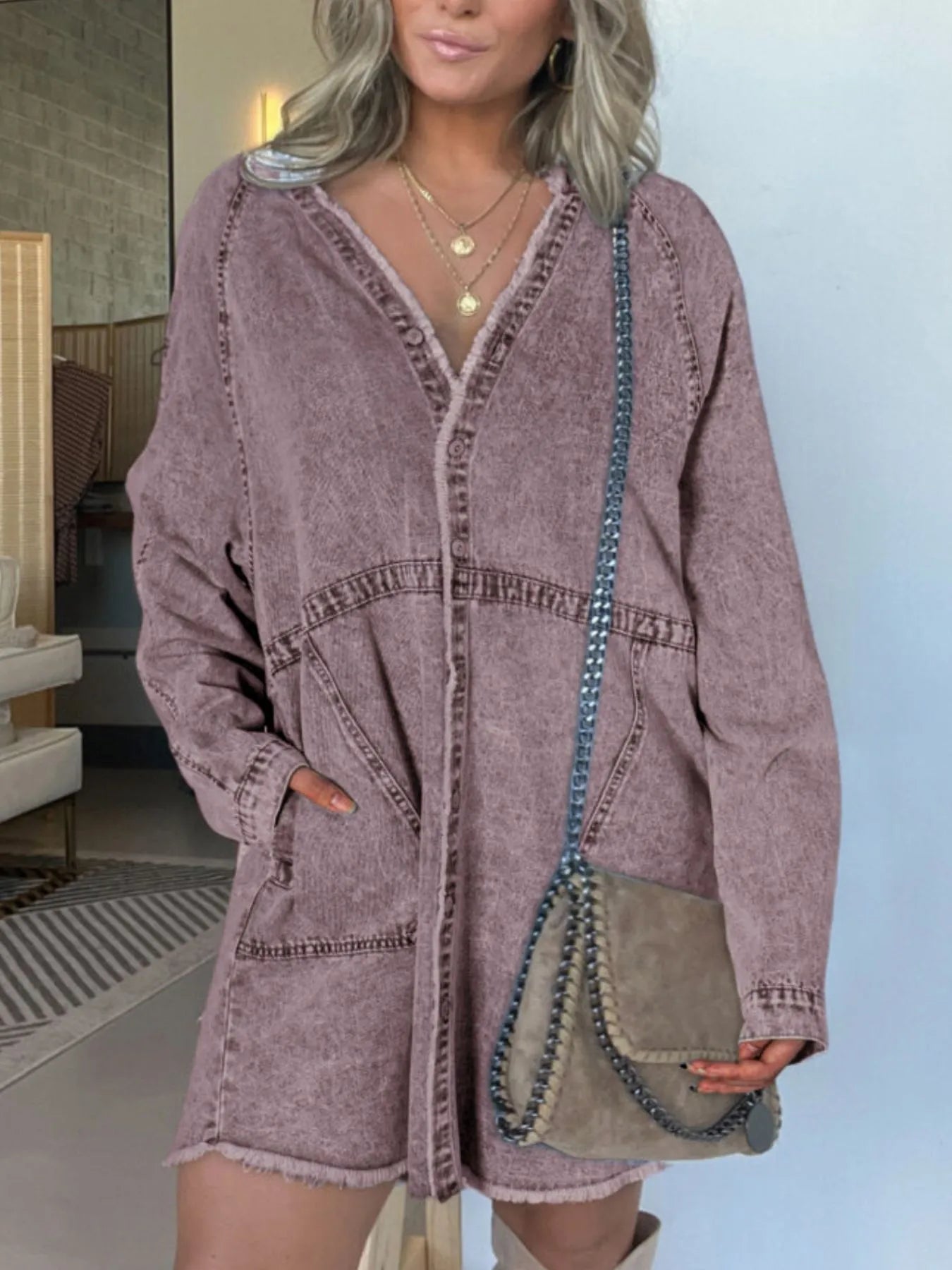 Button-Front Long Sleeve Denim Shirt Dress | Deb Shops