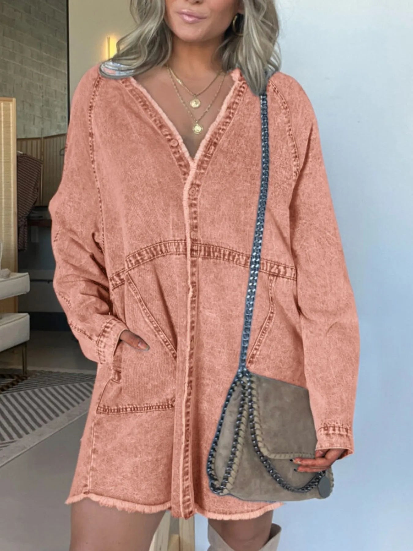Button-Front Long Sleeve Denim Shirt Dress | Deb Shops