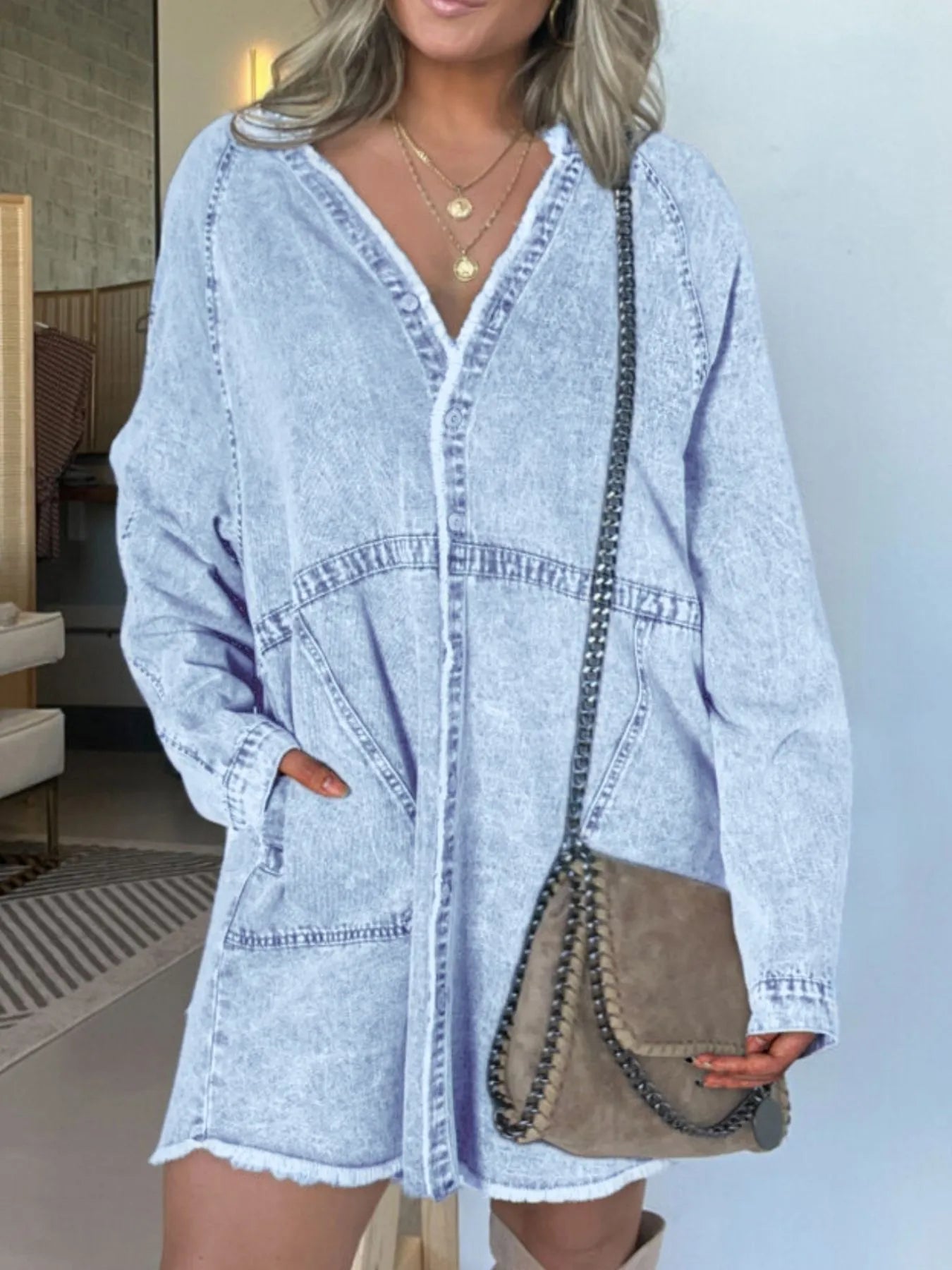 Button-Front Long Sleeve Denim Shirt Dress | Deb Shops