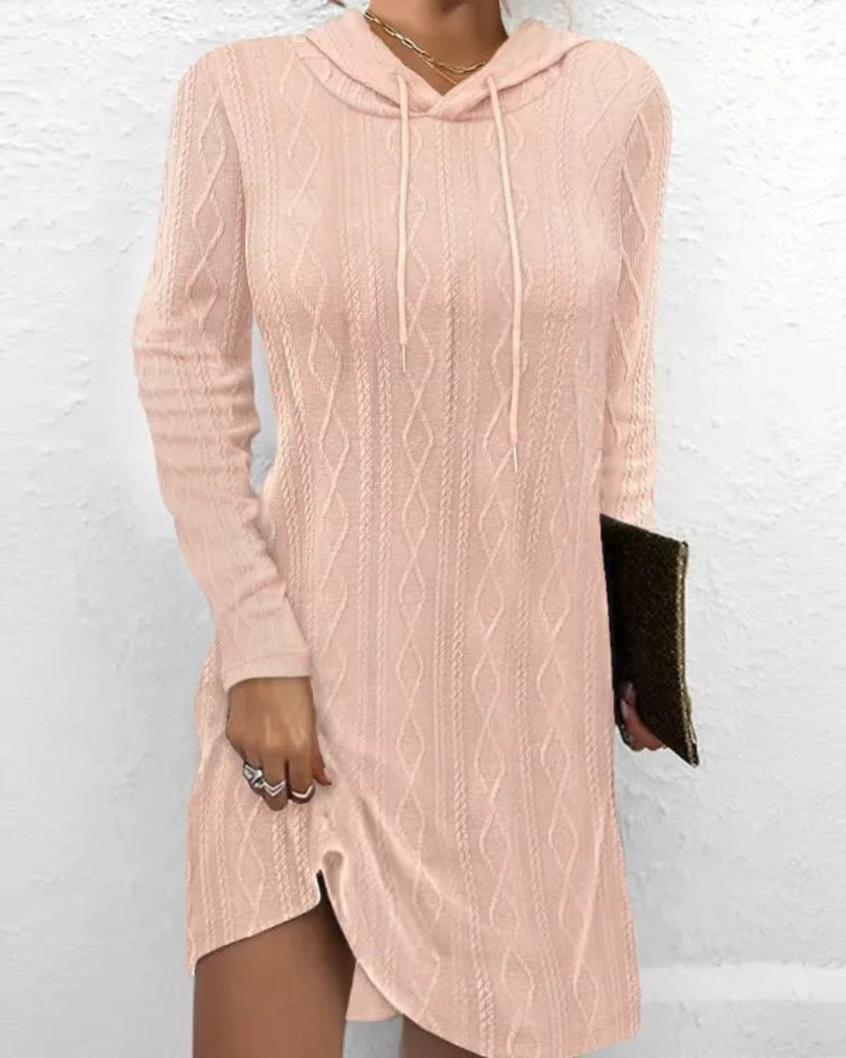 Cable-Knit Hooded Drawstring Dress with Slit