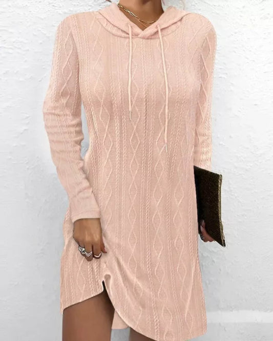 Cable-Knit Hooded Drawstring Dress with Slit