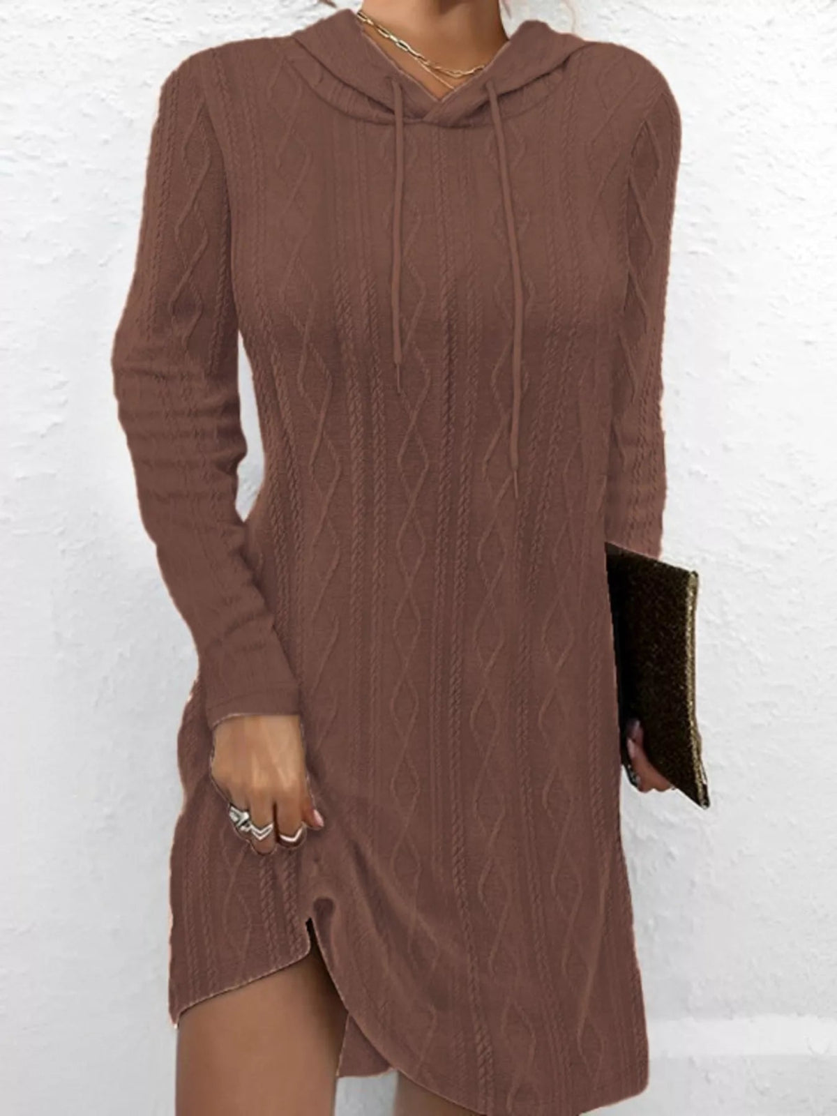 Cable-Knit Hooded Drawstring Dress with Slit