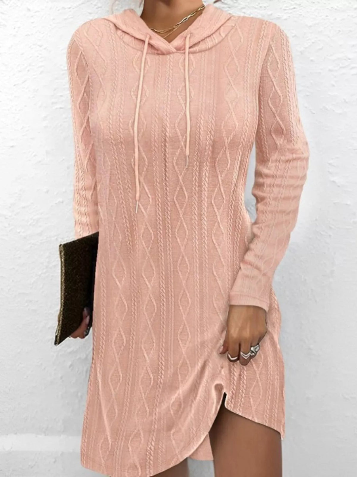 Cable-Knit Hooded Drawstring Dress with Slit