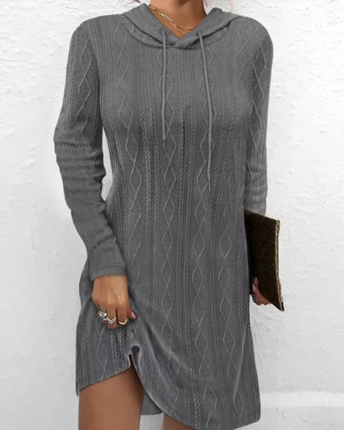 Cable-Knit Hooded Drawstring Dress with Slit
