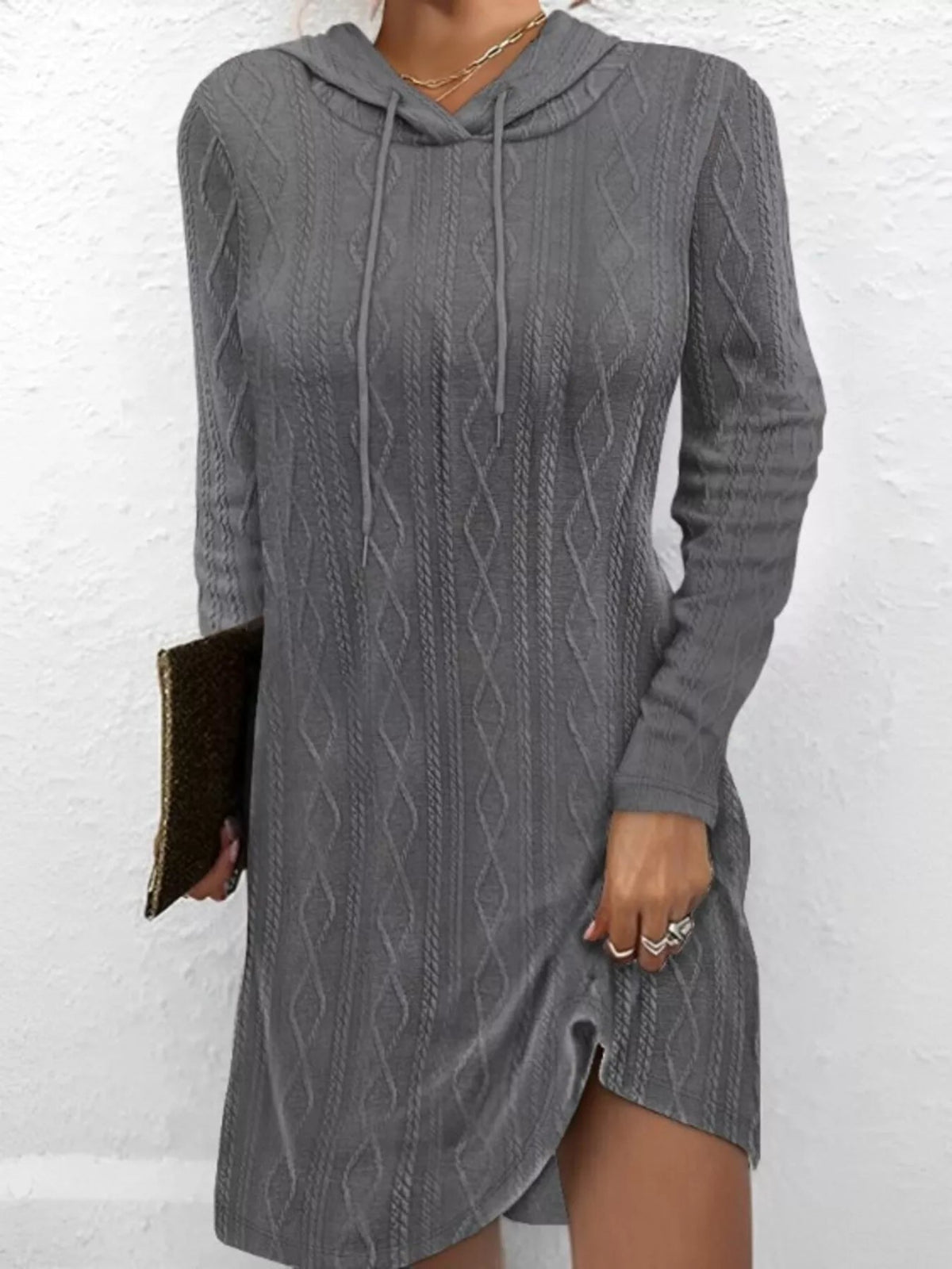 Cable-Knit Hooded Drawstring Dress with Slit