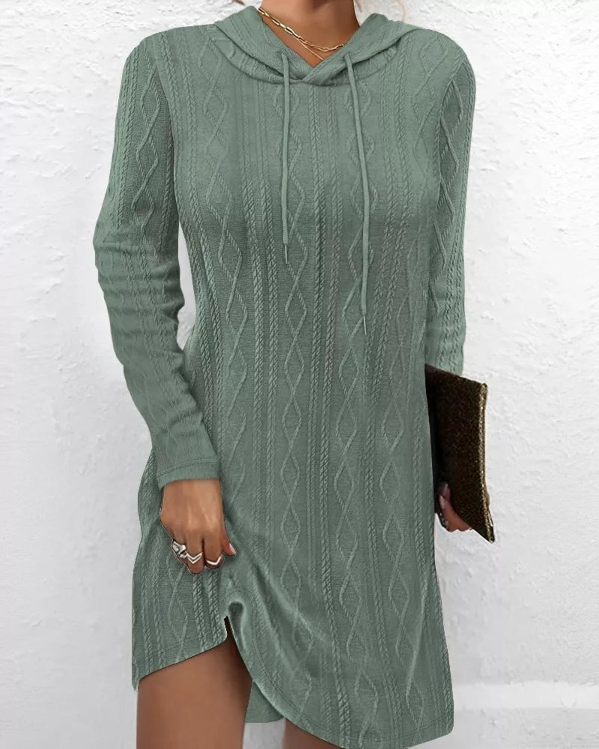 Cable-Knit Hooded Drawstring Dress with Slit