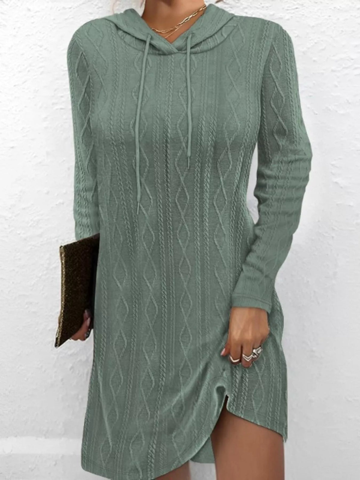 Cable-Knit Hooded Drawstring Dress with Slit