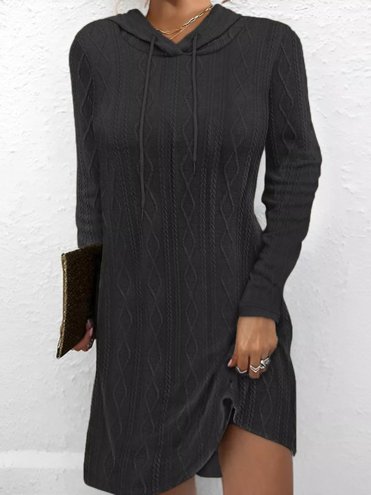 Cable-Knit Hooded Drawstring Dress with Slit