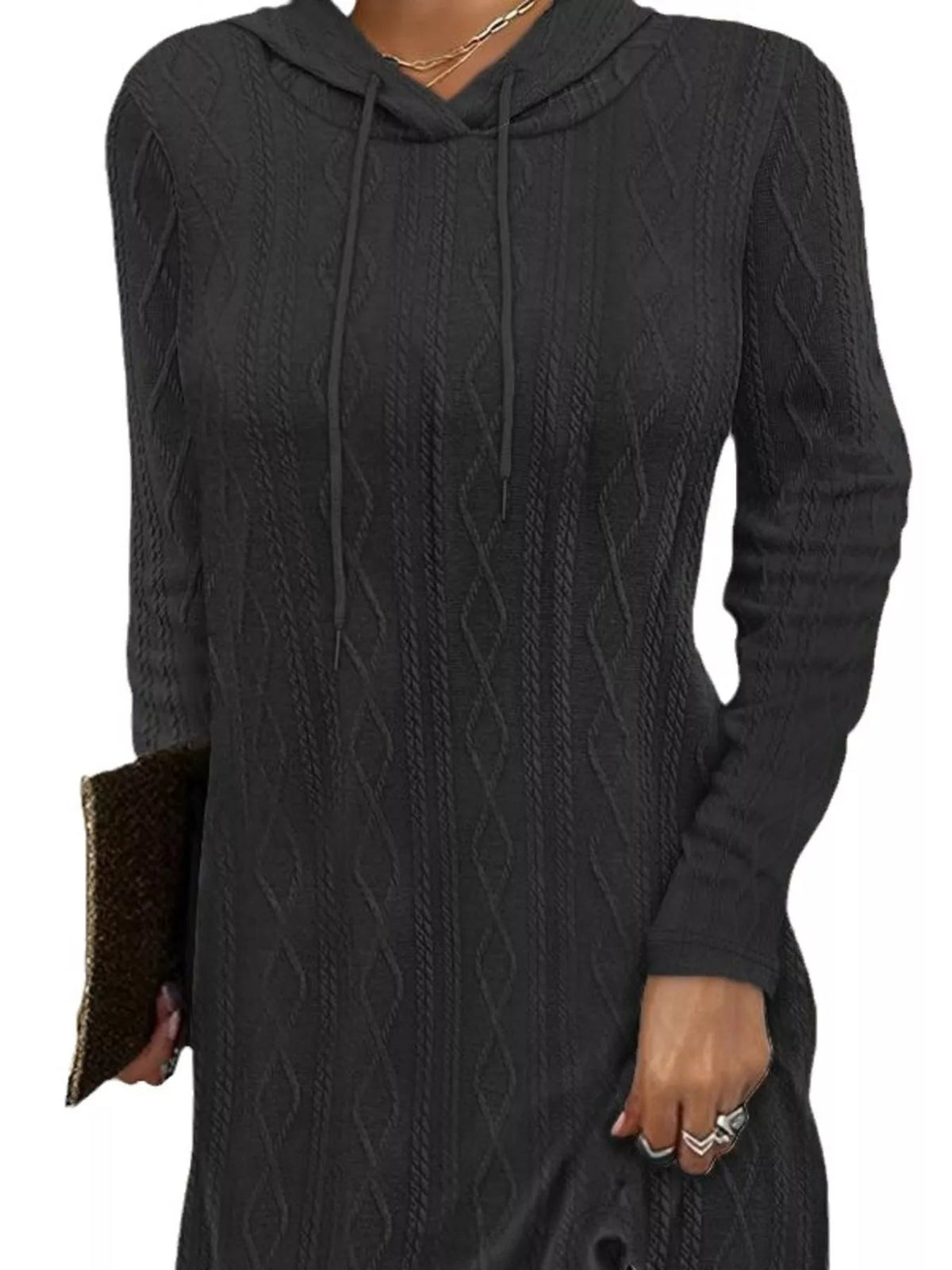 Cable-Knit Hooded Drawstring Dress with Slit