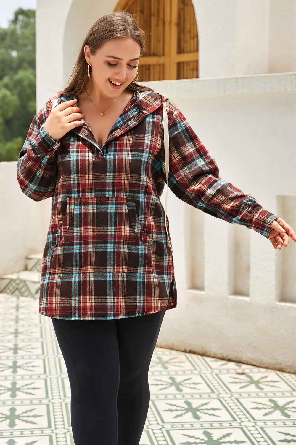 Drawstring Plaid Quarter Button Hoodie | Deb Shops