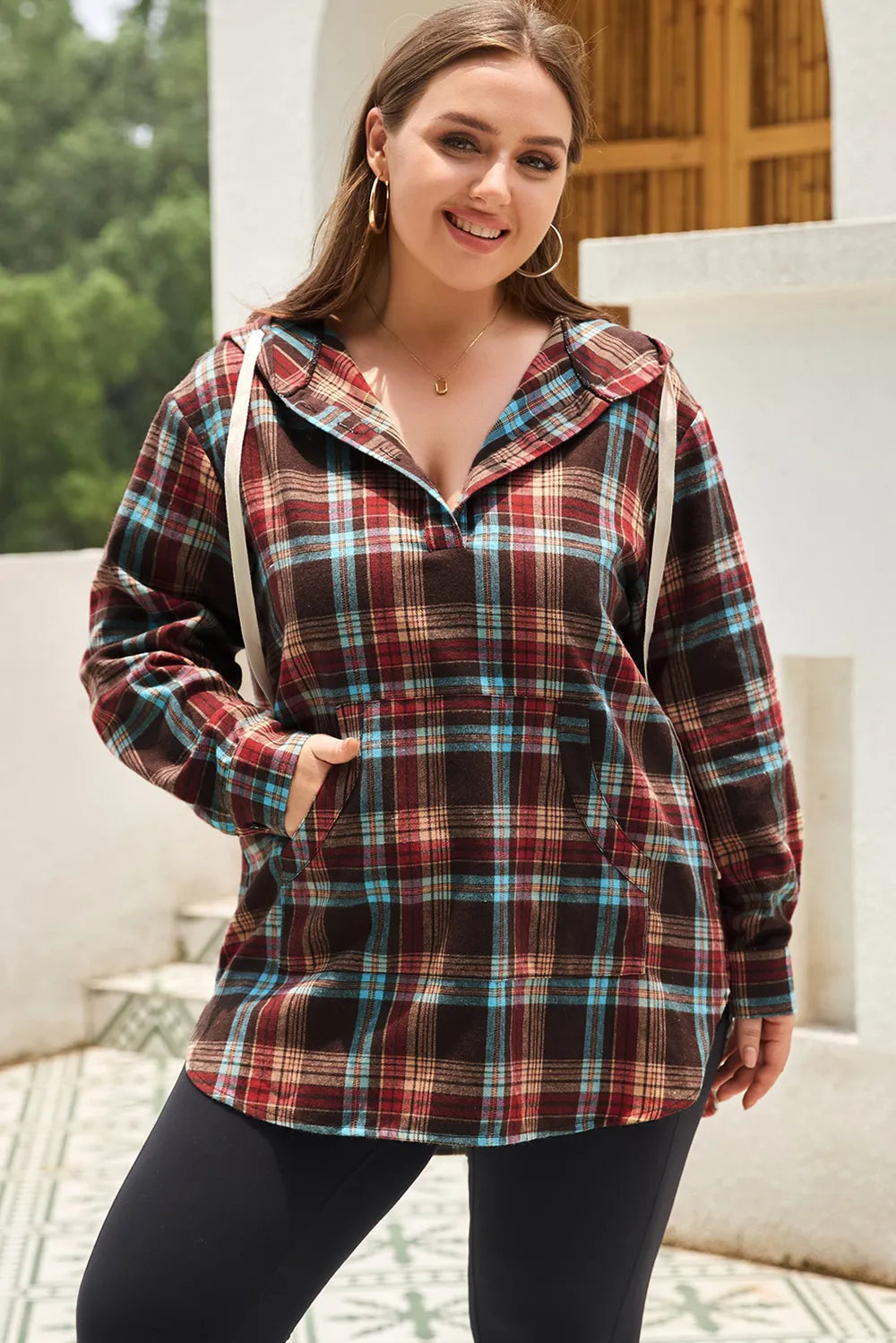 Drawstring Plaid Quarter Button Hoodie | Deb Shops