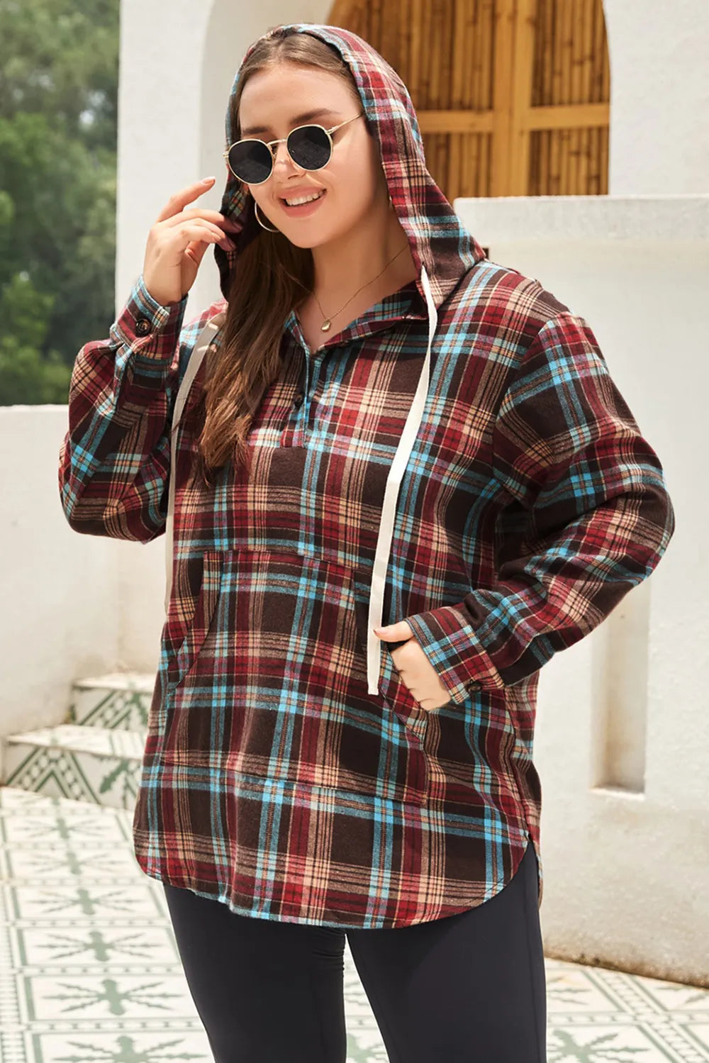 Drawstring Plaid Quarter Button Hoodie | Deb Shops