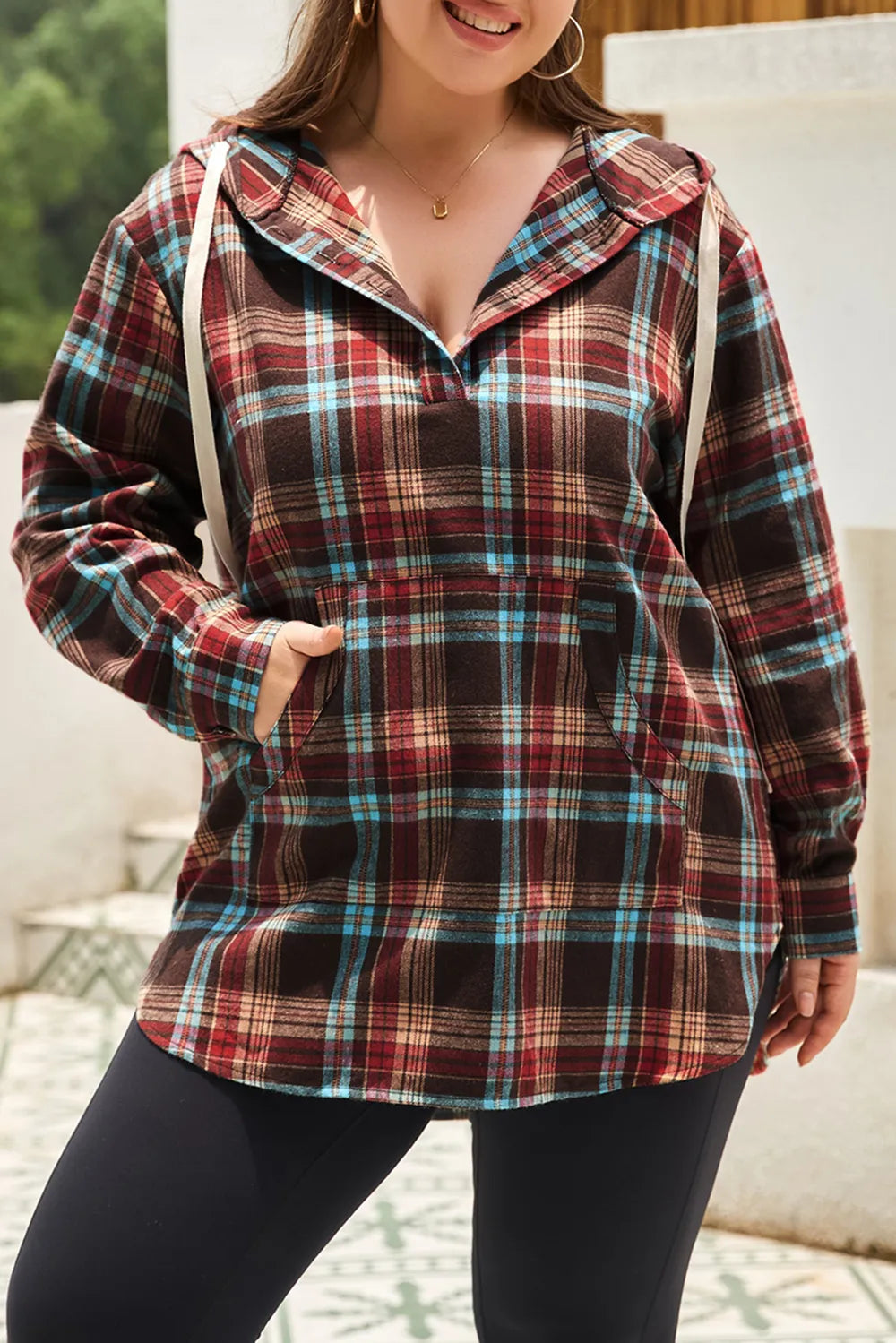 Drawstring Plaid Quarter Button Hoodie | Deb Shops