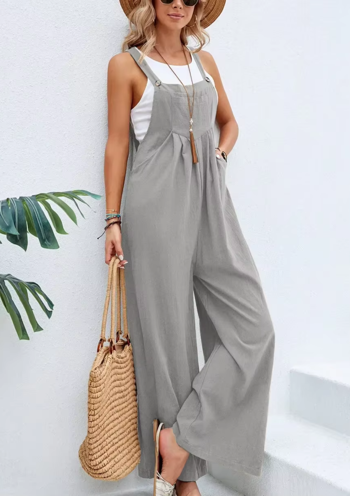 Floral Daisy Print Pocket Romper Long Button Jumpsuit