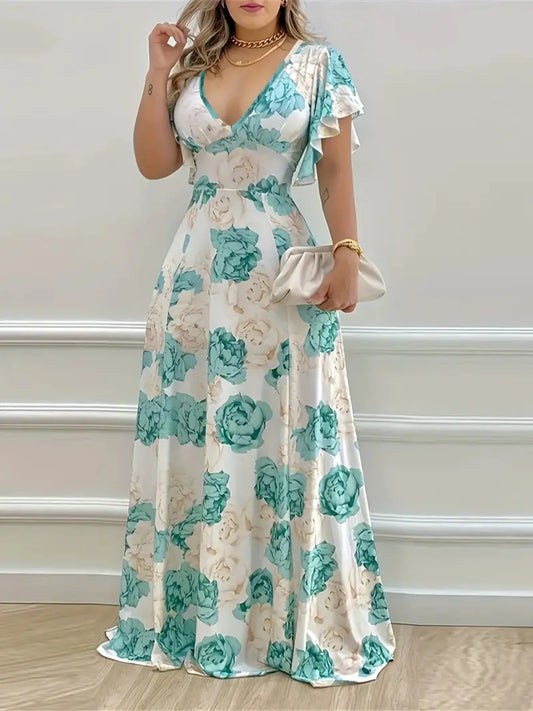 Floral Print V-Neck Maxi Dress with Flutter Sleeves | Deb Shops