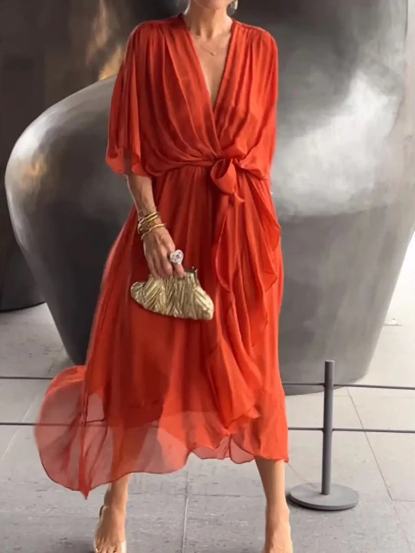 Flowy Tie Front Midi Dress with Flutter Sleeves | Deb Shops