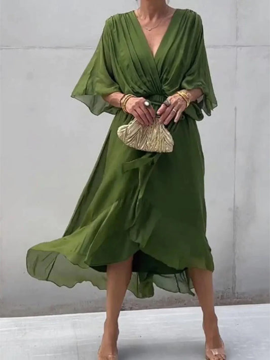 Flowy Tie Front Midi Dress with Flutter Sleeves | Deb Shops