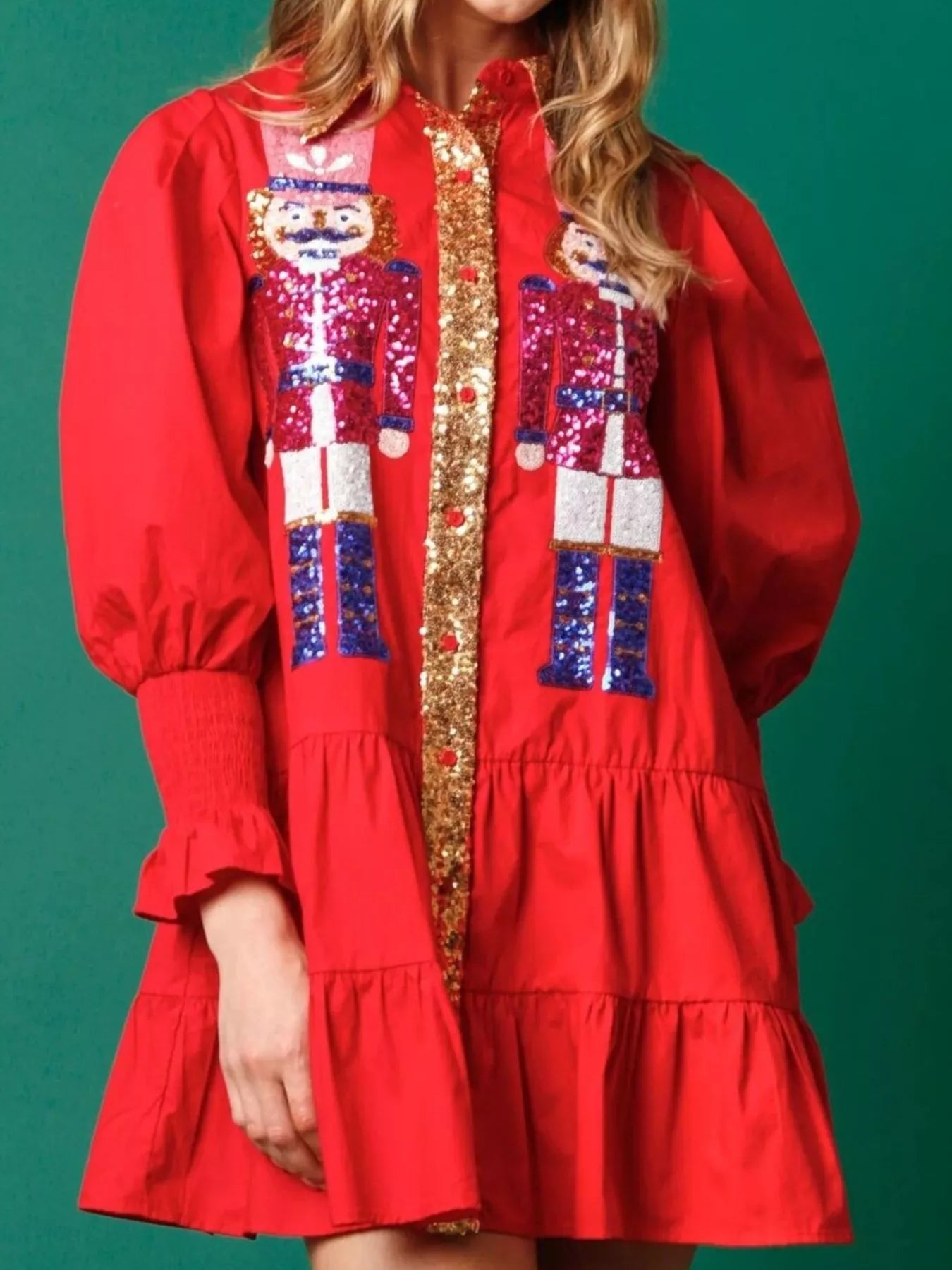 Full Size Christmas Sequin Nutcracker Tiered Shirt Dress | Deb Shops