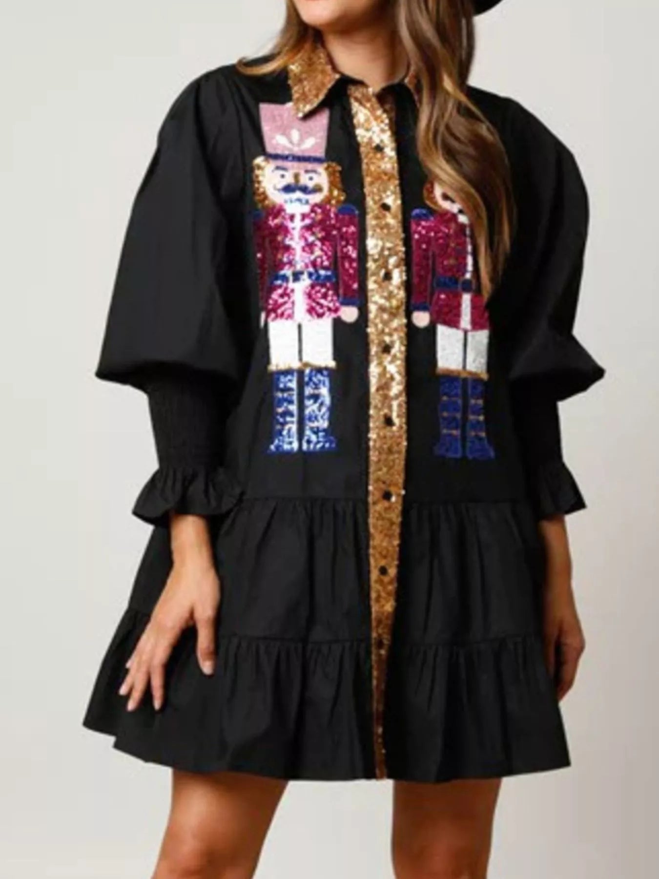 Full Size Christmas Sequin Nutcracker Tiered Shirt Dress | Deb Shops