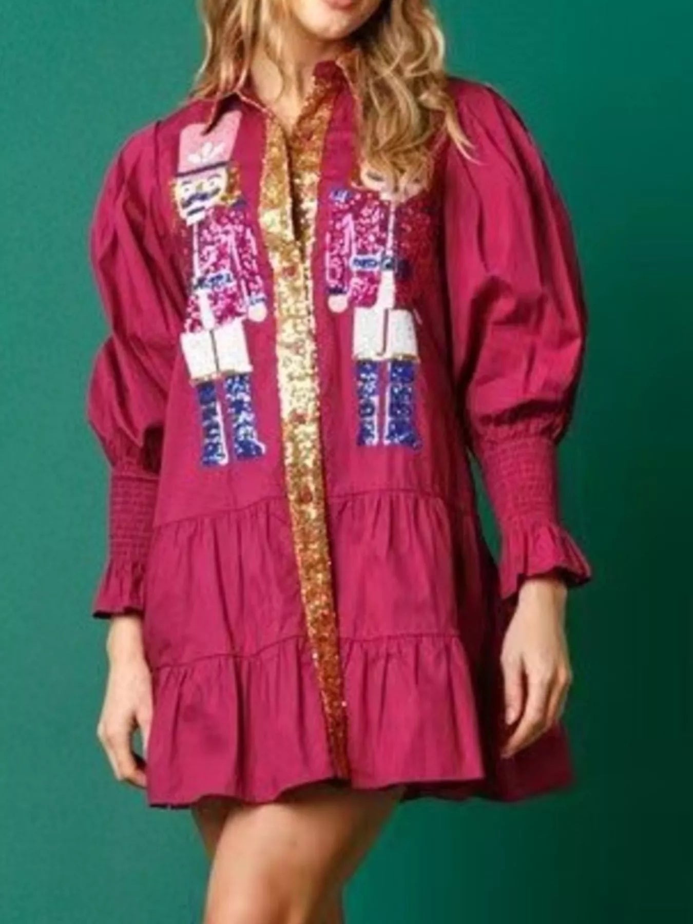 Full Size Christmas Sequin Nutcracker Tiered Shirt Dress | Deb Shops
