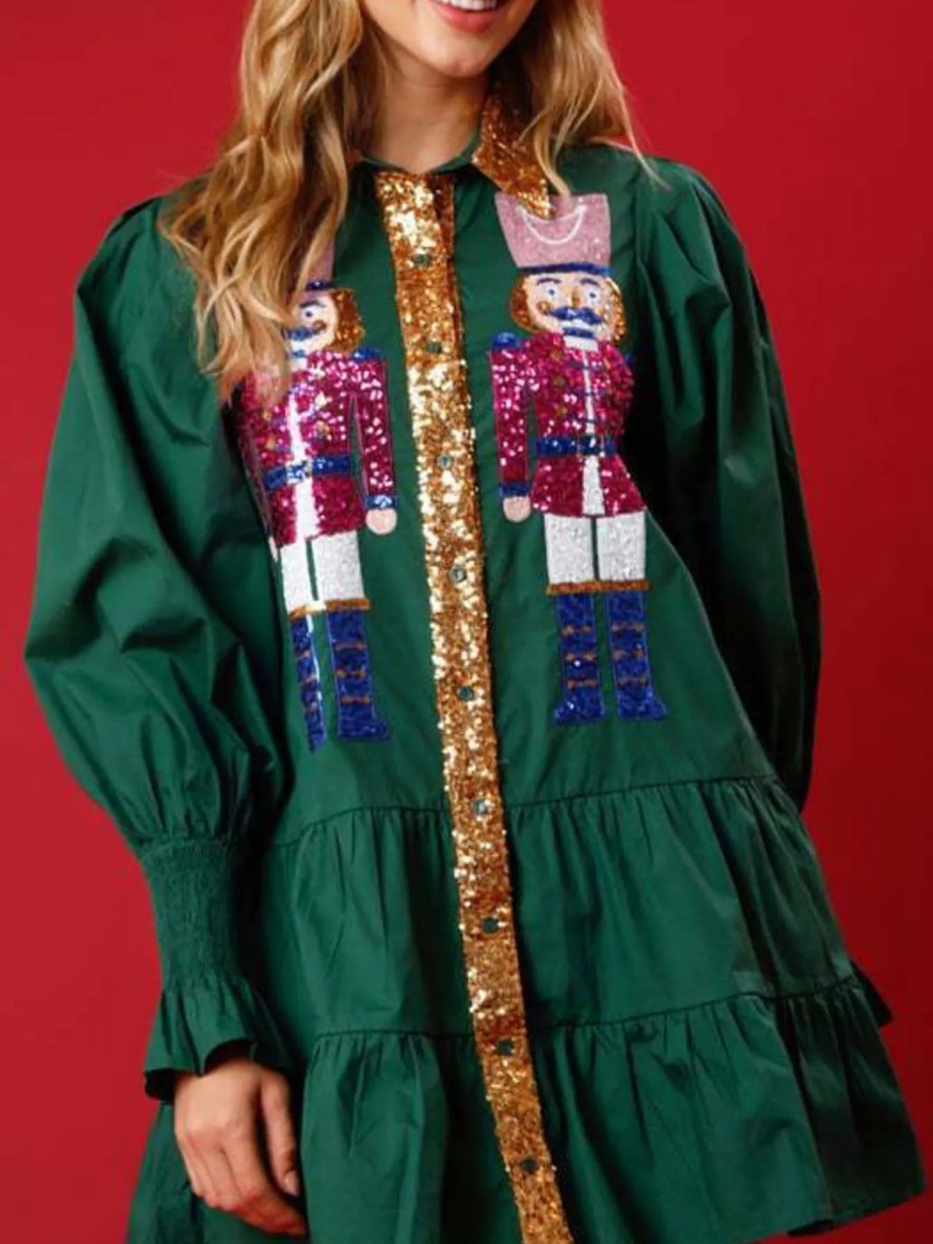 Full Size Christmas Sequin Nutcracker Tiered Shirt Dress | Deb Shops