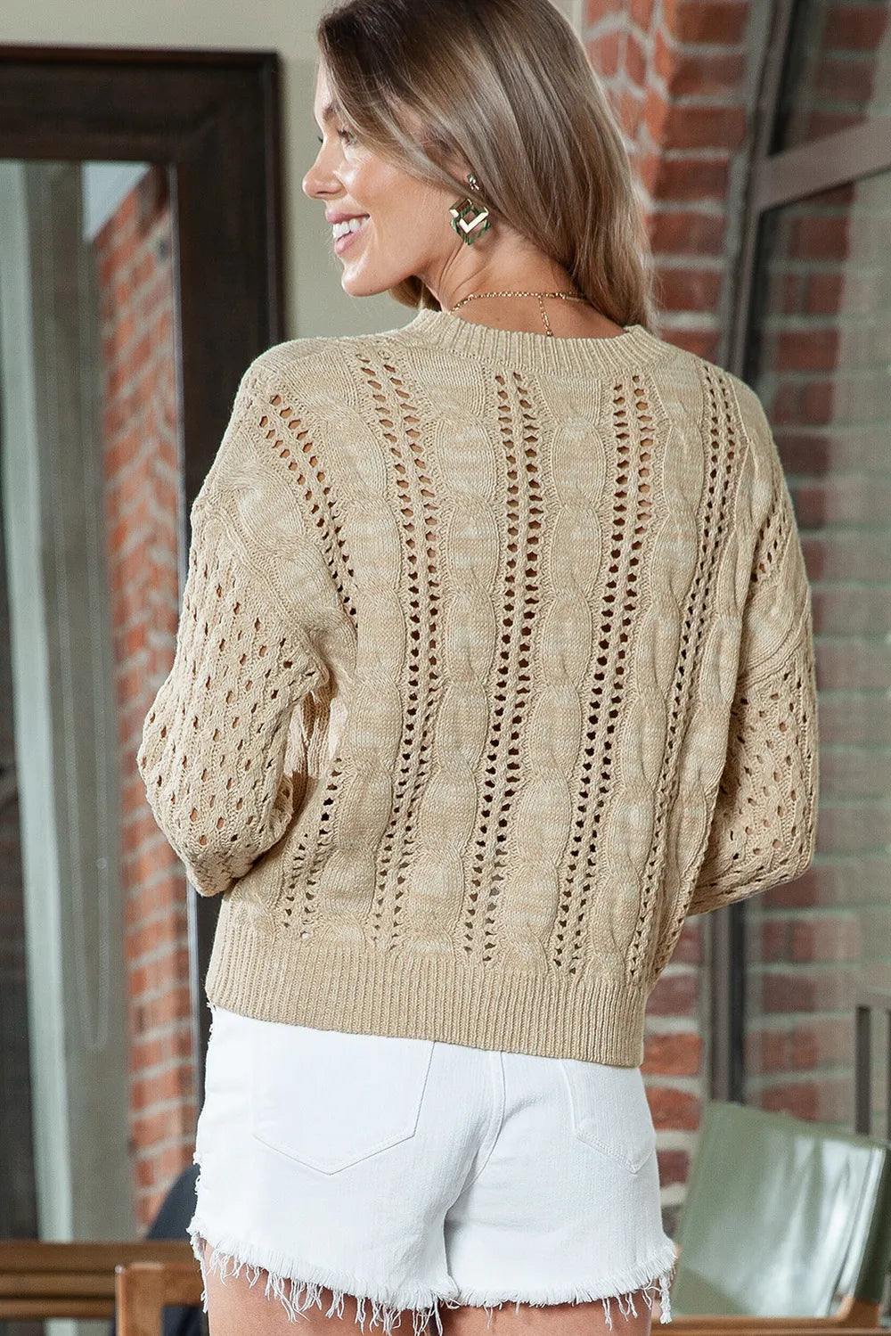 Full Size Openwork Cable-Knit Round Neck Knit Top | Deb Shops